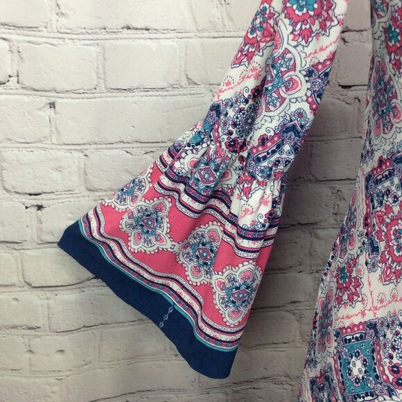 Mermaid Cove Shift Dress Women's Sm Peasant Style Bell Sleeves Geometric Beachy - Picture 8 of 10